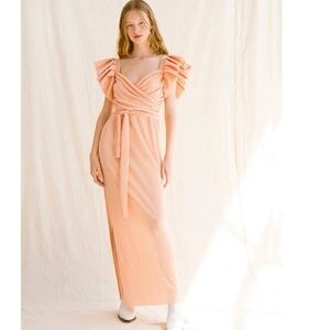 Tach Anthropologie Tach Ribbed puff sleeve Feria Peach Maxi Wrap Style dress
